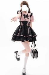 Black/Pink First Sakura Short Sleeves Multi-layer Lace-Up Sweet Jirai Kei Japanese Set